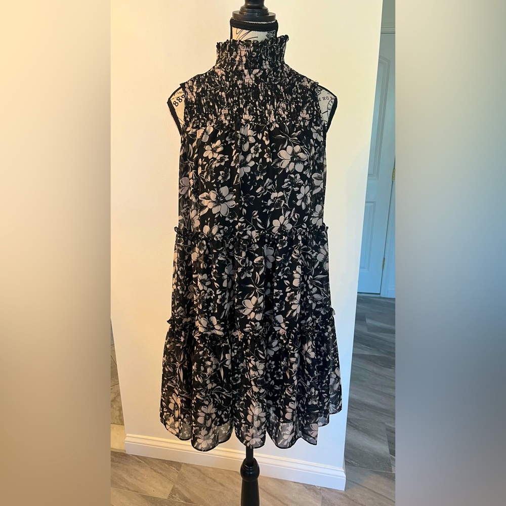 Taylor Floral Black & Nude Tan Women's Mock Neck Sleeveless Dress  XS 🌸🖤🌺